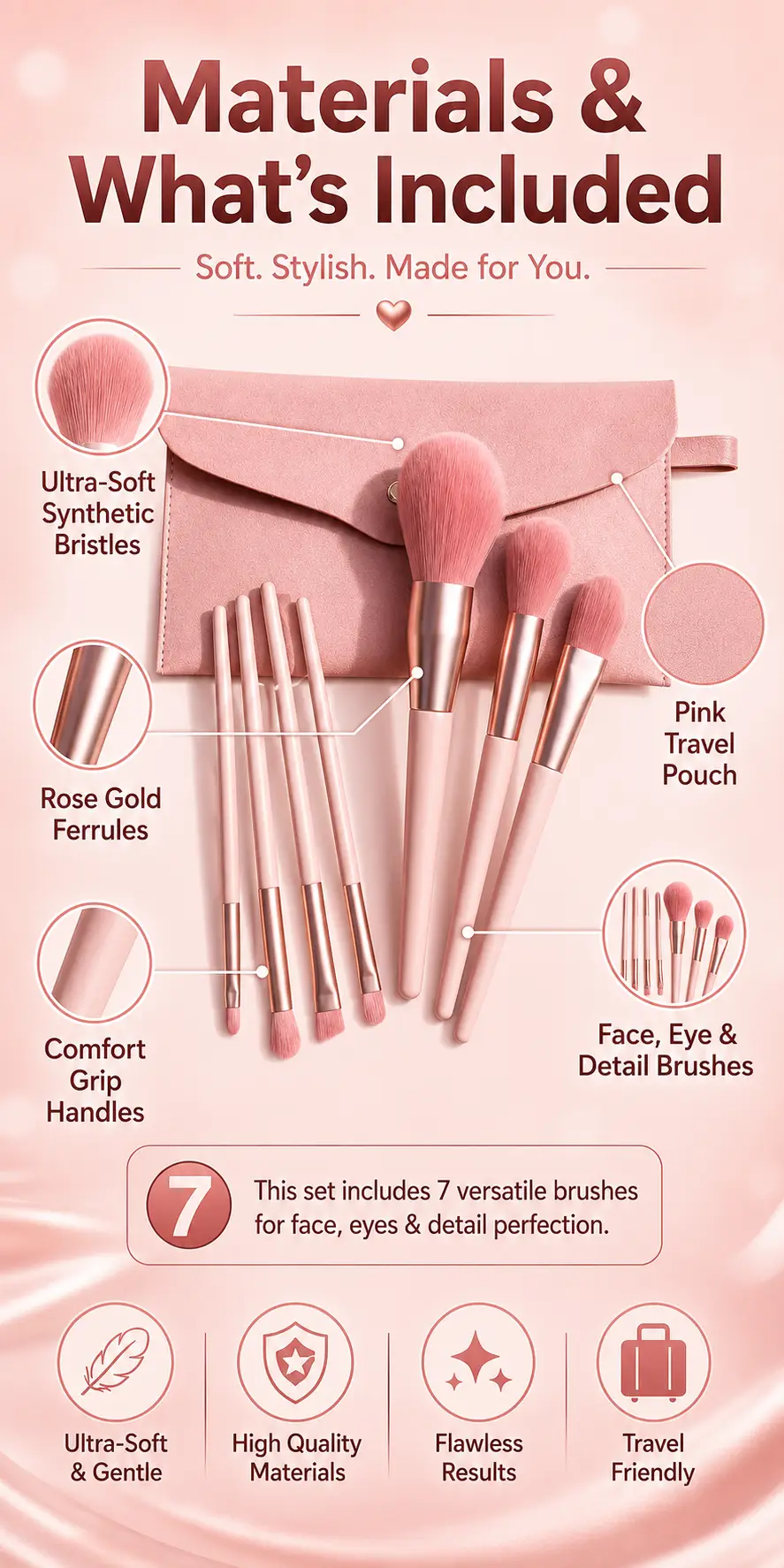 8Pcs Pink Makeup Brush Set with Travel Pouch detail 3